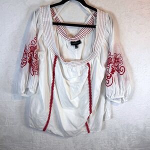 Lane Bryant Blouse Embroidered Peasant 26/28 White Womens
